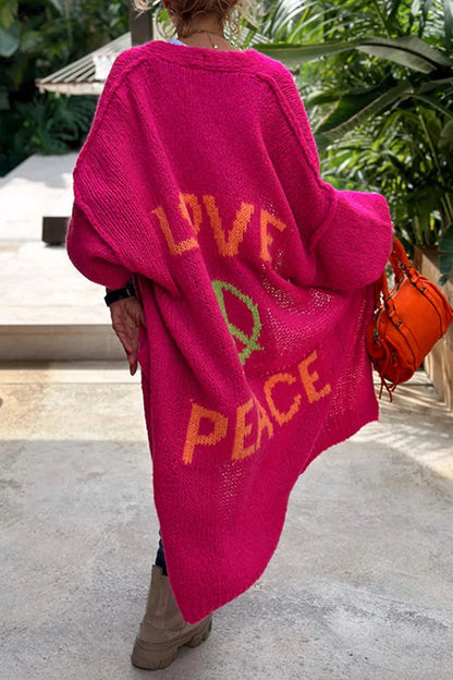 Open Front Love and Peace Pattern Long Sweater Cardigan(in 5 Colors)