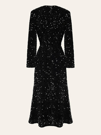 Sequin Decorated Velvet Midi Dress in Black