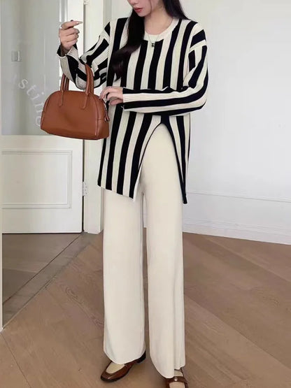 Striped Knitwear 2 Piece-set for Contrast Long Sleeve Split Straight Trousers Outfits ’s Pants Sets