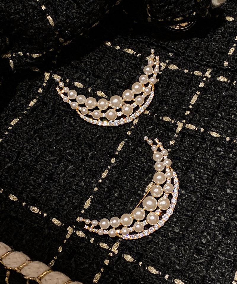 White Pearl Moon Shaped Fine Zircon Brooch