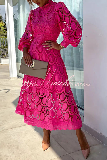 Romantic, Sensual and Crochet Lace Lantern Sleeve Party Midi Dress
