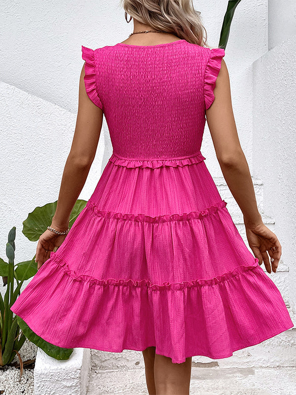 Loose Sleeveless Ruffle Trim Color Split-joint Deep V-neck Mini Dresses