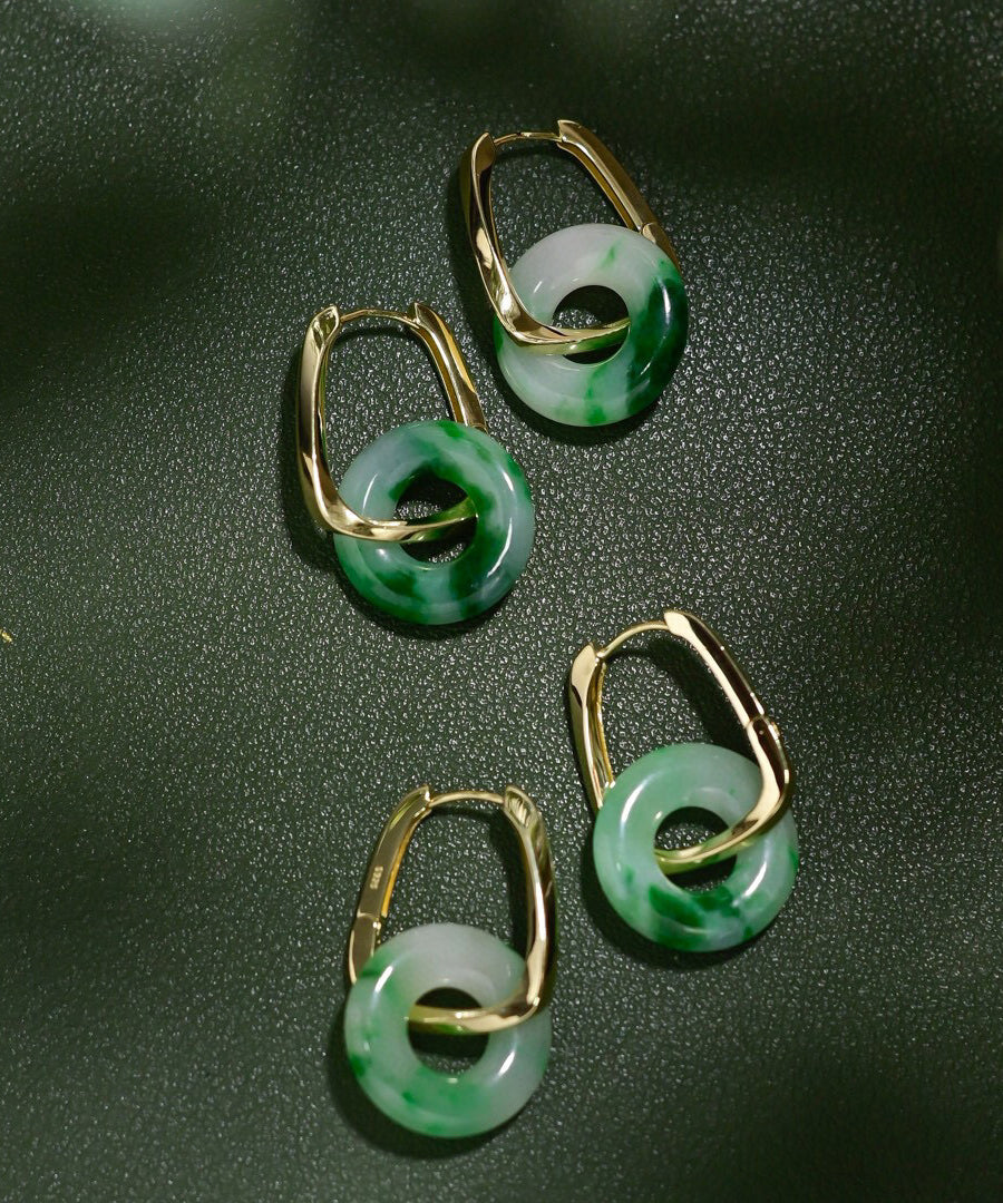 Green Sterling Silver Overgild Jade Hoop Earrings