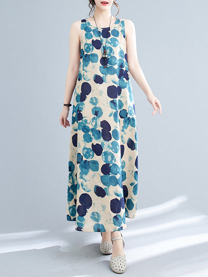 Loose Sleeveless Polka-dot Round-neck Maxi Dresses