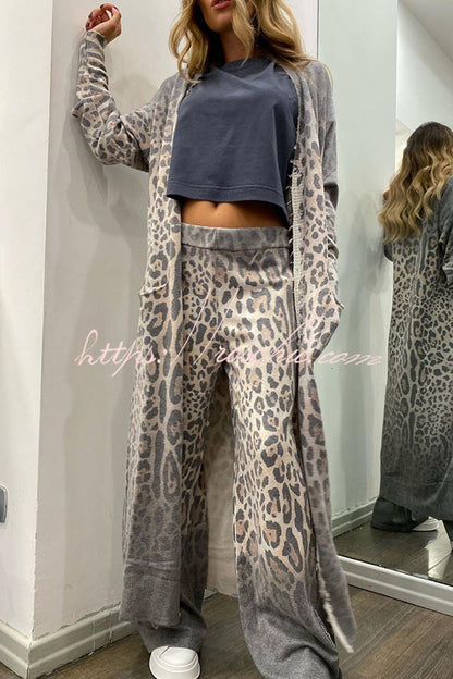 Comfort First Leopard Print Pocket Long Sleeve Cardigan Elastic Waist Pants Set