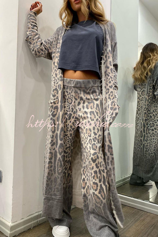 Comfort First Leopard Print Pocket Long Sleeve Cardigan Elastic Waist Pants Set