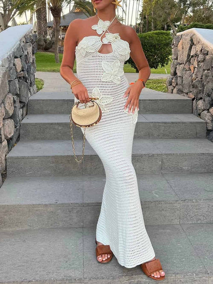 3d Flower Decor Halter Neck Bodycon Crochet Maxi Dresses