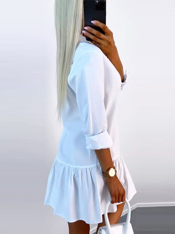Long Sleeves Loose Buttoned Pleated Color Split-joint Lapel Mini Dresses Shirt Dress