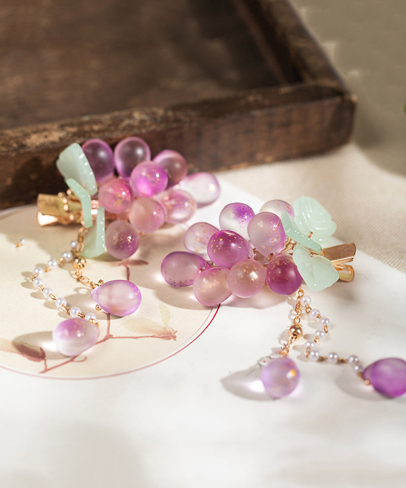 Purple Copper Overgild Jade Grape Tassel a Pair Hairpin