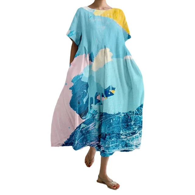Summer New Color Flower Print Midi Dresses Folds Loose Short Sleeves Dress Lady Commuting Clothing Vestidos