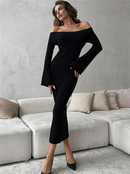 Autumn Knit Ribbed Long Dress Off-shoulder Slim High Waist Patchwork Party Dress Female Maxi Dress Knitwear