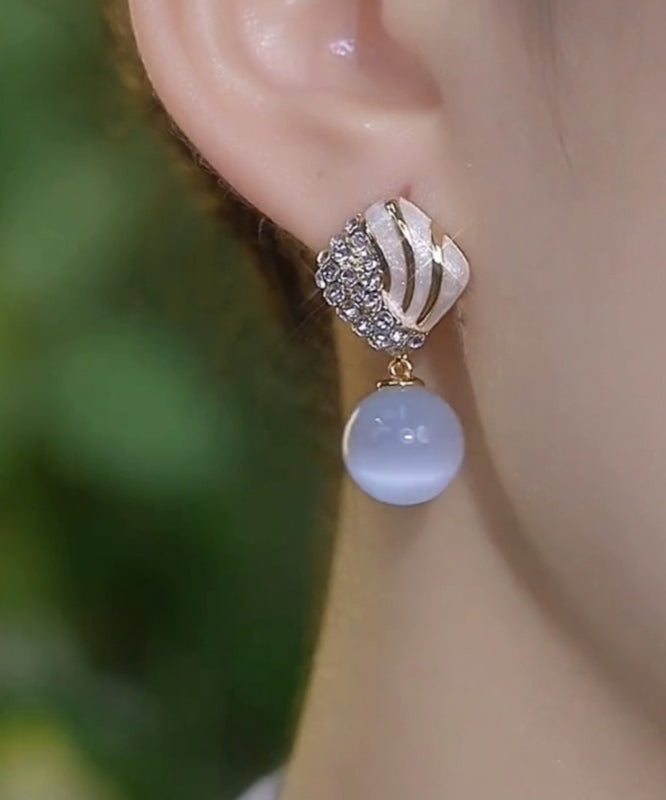 Light Blue Alloy Zircon Cat's Eye Stone Drop Glaze Drop Earrings