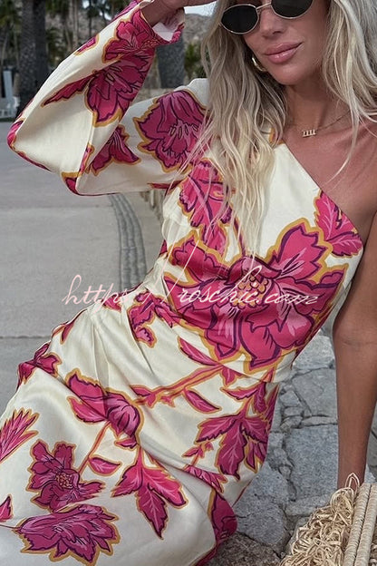 Rhia Satin Print One Shoulder Flared Maxi Dress