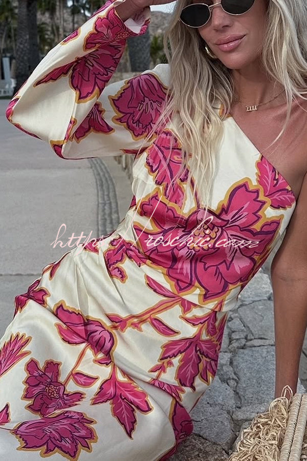 Rhia Satin Print One Shoulder Flared Maxi Dress