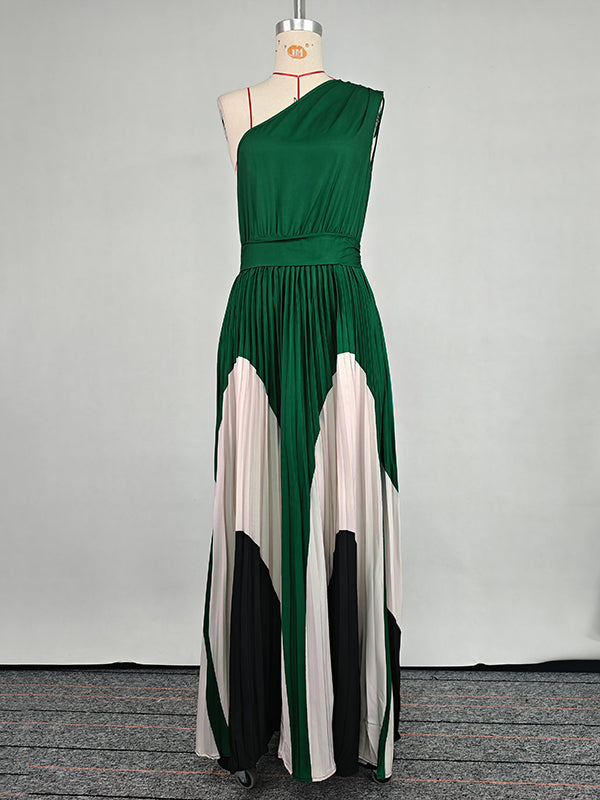 Sleeveless Asymmetric Pleated Printed One-shoulder Maxi Dresses