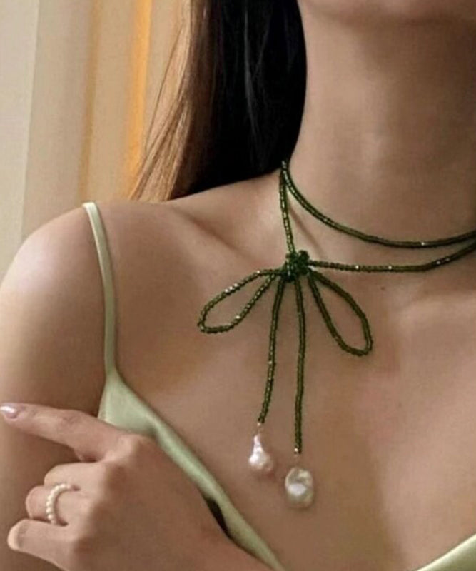 Green Alloy Pearl Beading Pendant Necklace