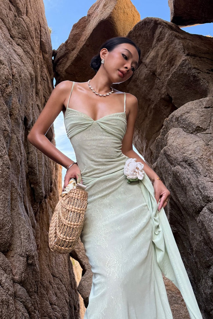 Lace Mesh 3d Waist Cinched Cami Maxi Dress