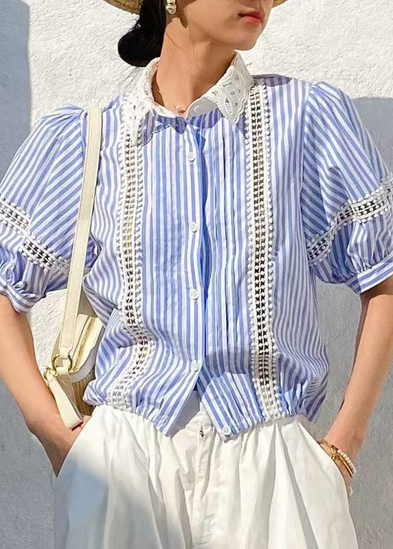 Out Summer Striped Blue Blouses Cotton Hollow