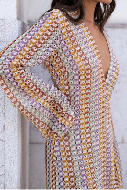 V Neck Bell Sleeve Wavy Striped Crochet Beach Vacation Maxi Dress