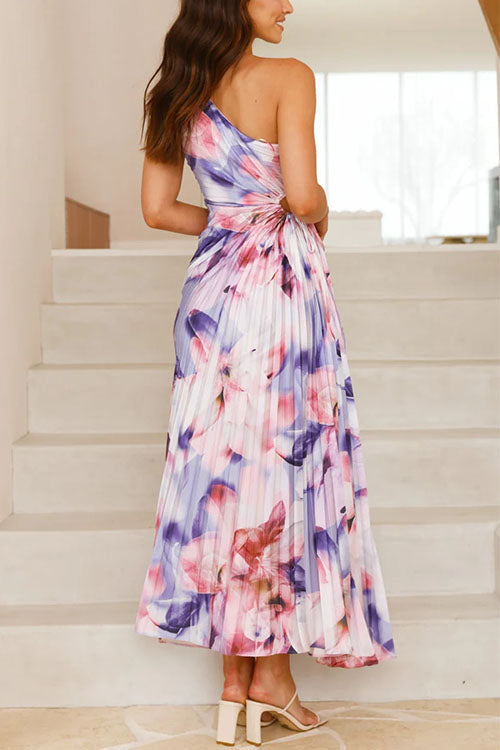 One Shoulder Sleeveless Cut Out Print Pleated Maxi Dress