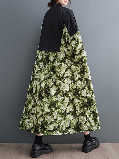 Long Sleeves Loose Buttoned Printed Split-joint Lapel Midi Dresses