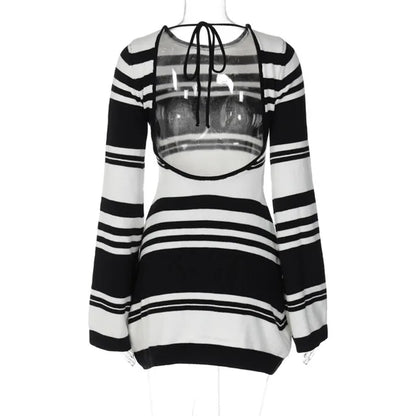 Knitted Backless Dress for Autumn Slim Color Block Mini Dresses Holiday Lace Up High Waist Dress Woman