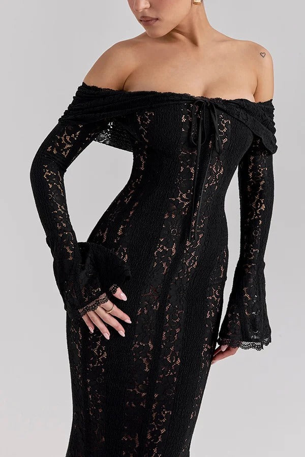 Lace Off Shoulder Flare Sleeve Fishtail Maxi Dresses-white