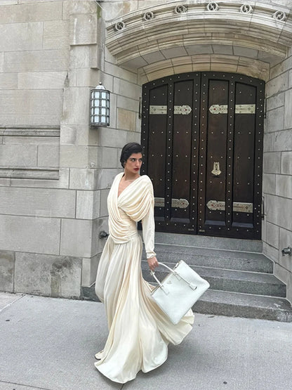 V-neck Draped Maxi Dress Long Sleeves Backless Slim Dresses New Summer Female High