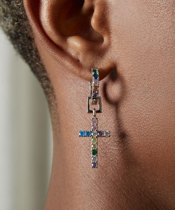 Rainbow Sterling Silver Zircon Cross Hoop Earrings