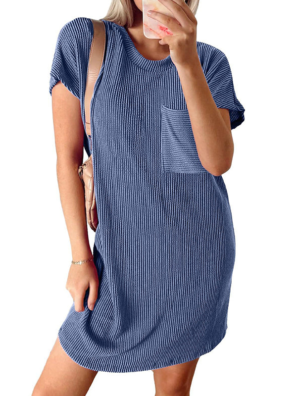 A-line Loose Contrast Color Pockets Split-joint Striped Round-neck Mini Dresses