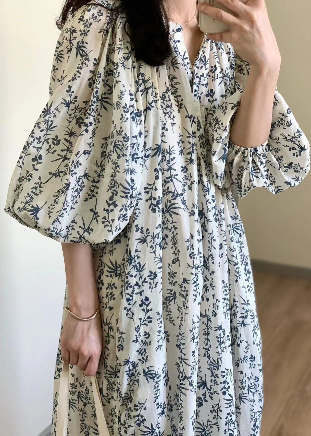 Button Print Tie Waist Cotton Long Dress Summer Qp057