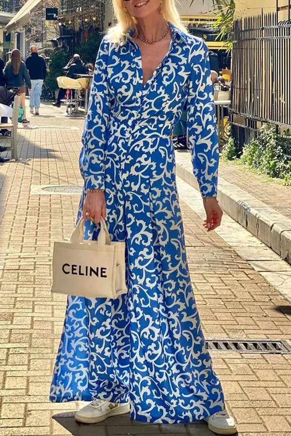 Print Lapel Button Pocket Long Sleeve Shirt Maxi Dress