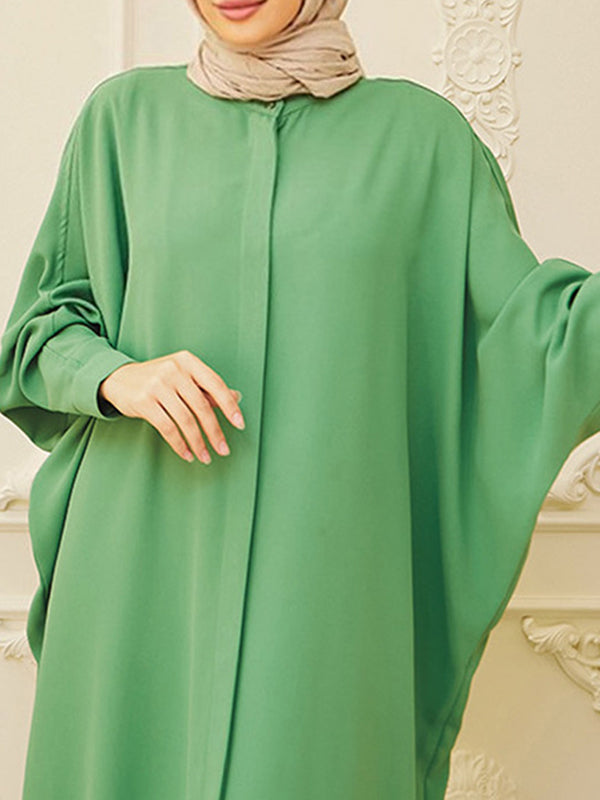 Batwing Sleeves Loose Buttoned Muslim Color Split-side Round-neck Maxi Dresses