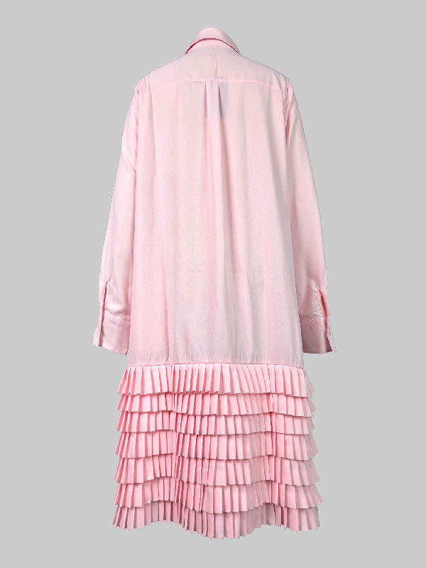 A-line Long Sleeves Layered Pleated Pockets Color Split-joint Lapel Midi Dresses Shirt Dress