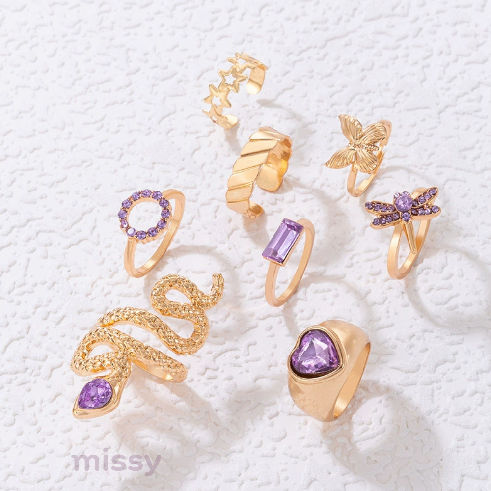 Lilac Crystal 8 Piece Ring Set