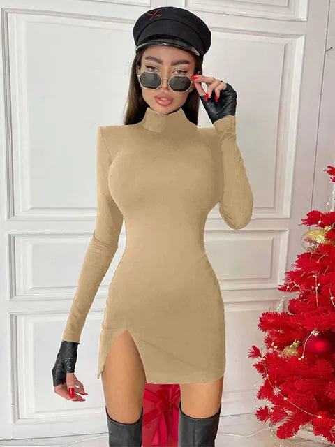Spring Autumn Long Sleeve Bodycon Soild Color Black Slim Package Hip Mini Dress Female Clothing