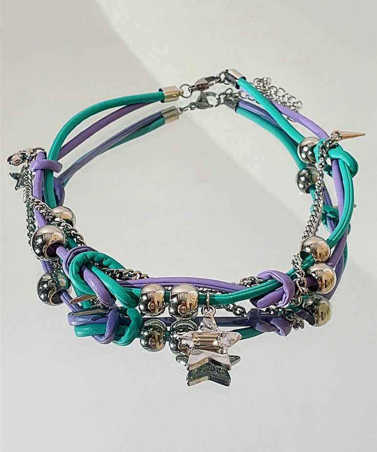Purple Green Patchwork Alloy Colorful Stars Tassel Necklaces