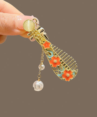 Gold Metal Pearl Tassel Lute Hairpin