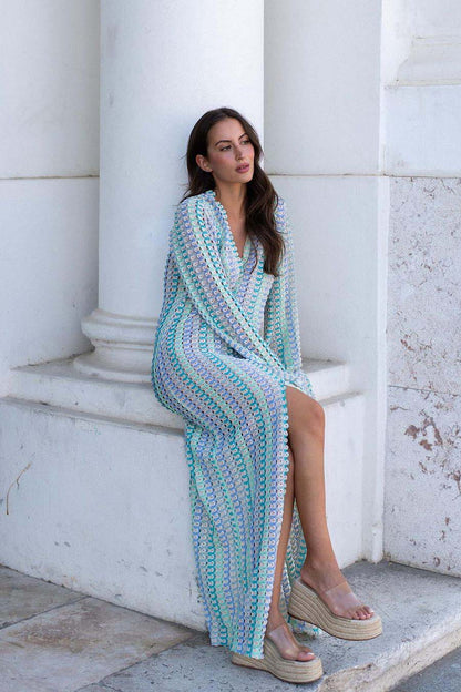 V Neck Bell Sleeve Wavy Striped Crochet Beach Vacation Maxi Dress