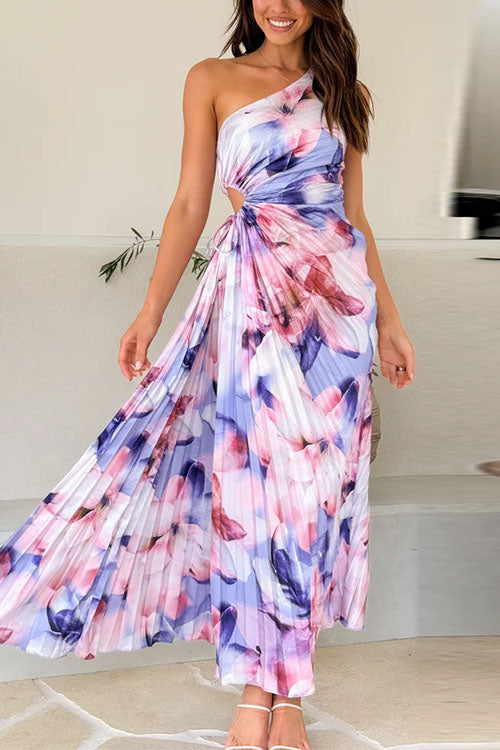One Shoulder Sleeveless Cut Out Print Pleated Maxi Dress