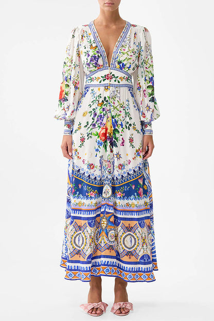 Fairy Tale Print V-neck Lantern Sleeve Waist Maxi Dress