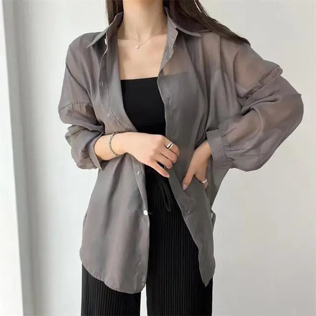 Perspective Shirts Sheer Thin Summer Simple Sun-proof Top Blouse Baggy All-match Basic Korean Clothing