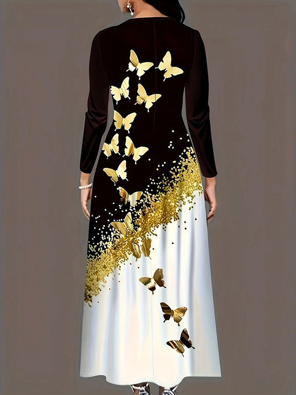 A-line Long Sleeves Butterfly Print Pockets Round-neck Maxi Dresses