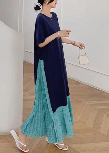 Navy Print Patchwork Fake Two Pieces Maxi Dresses Short Sleeve Tt1041