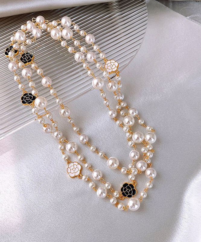 White Sterling Silver Alloy Pearl Camellia Gratuated Bead Necklace
