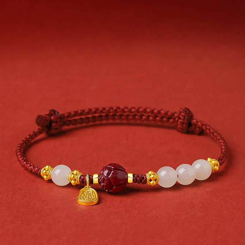 Buddha Stones 24k Gold Plated Hetian White Jade Cinnabar Lotus Luck Rope Bracelet