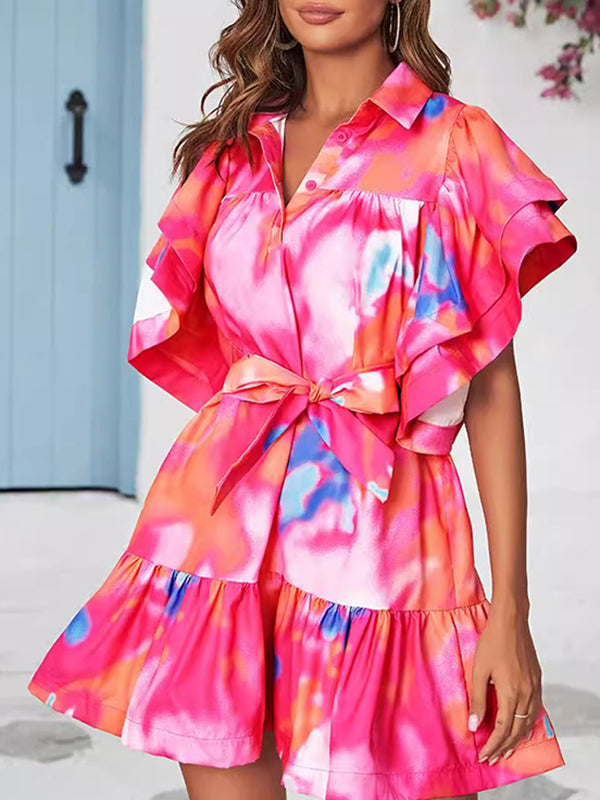 Loose Ruffle Sleeves Buttoned Leaves Print Split-joint Tied Waist Tie-dyed Lapel Mini Dresses
