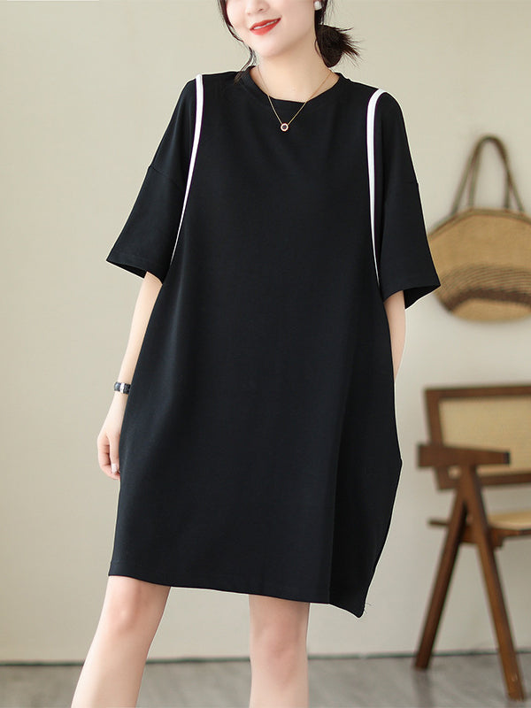 Loose Short Sleeves Split-joint Round-neck Mini Dresses