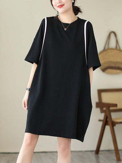 Loose Short Sleeves Split-joint Round-neck Mini Dresses