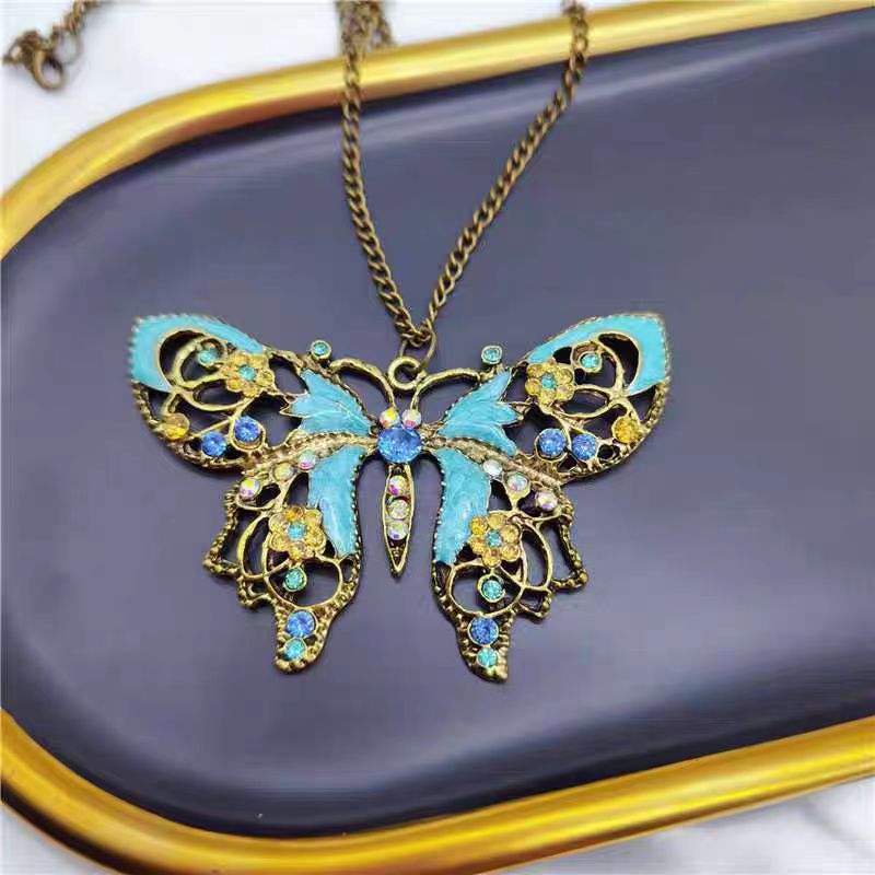 Sterling Silver Alloy Crysta Drop Oil Bronze Butterfly Pendant Sweater